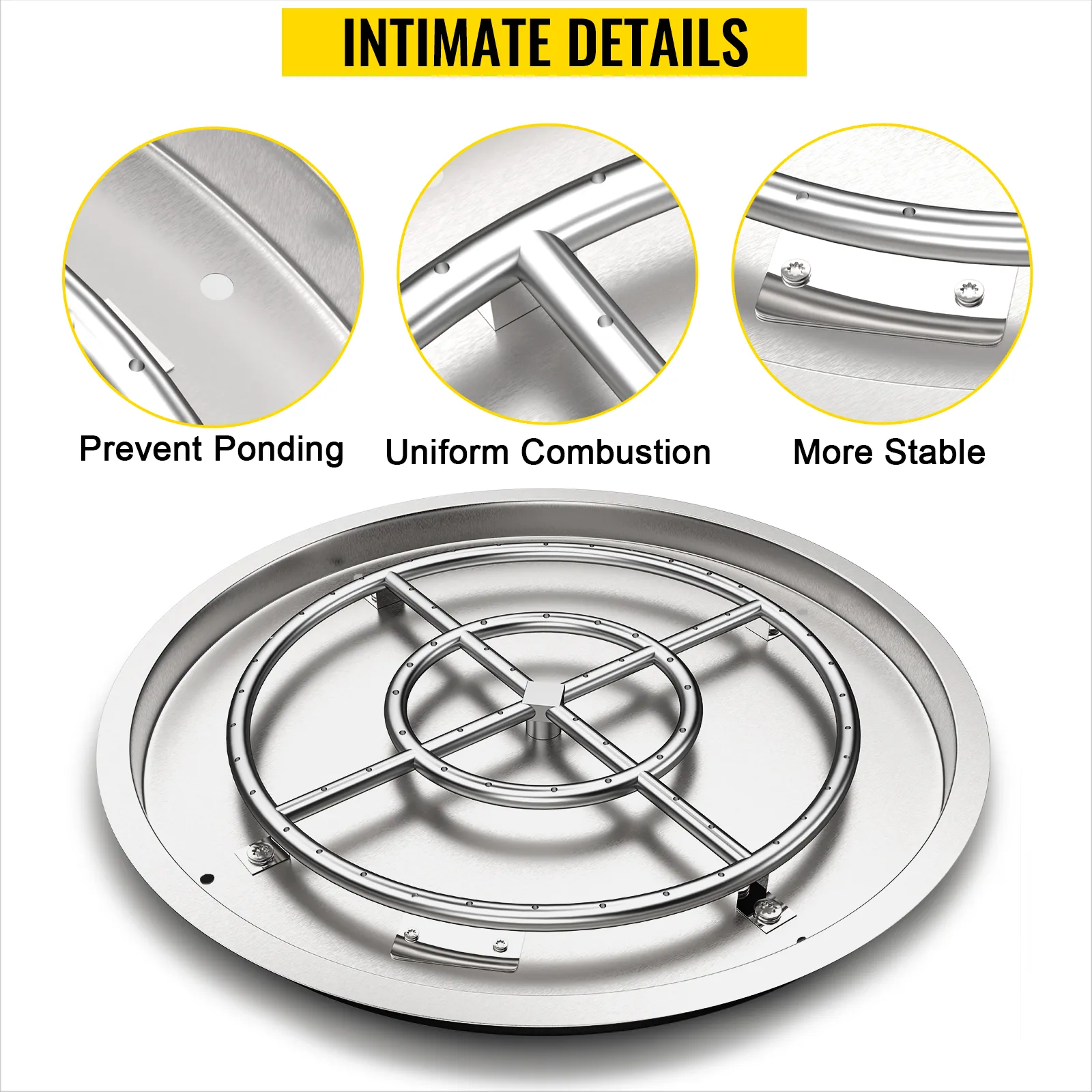 VEVOR fire pit pan with prevent ponding, uniform combustion, and stable design features.