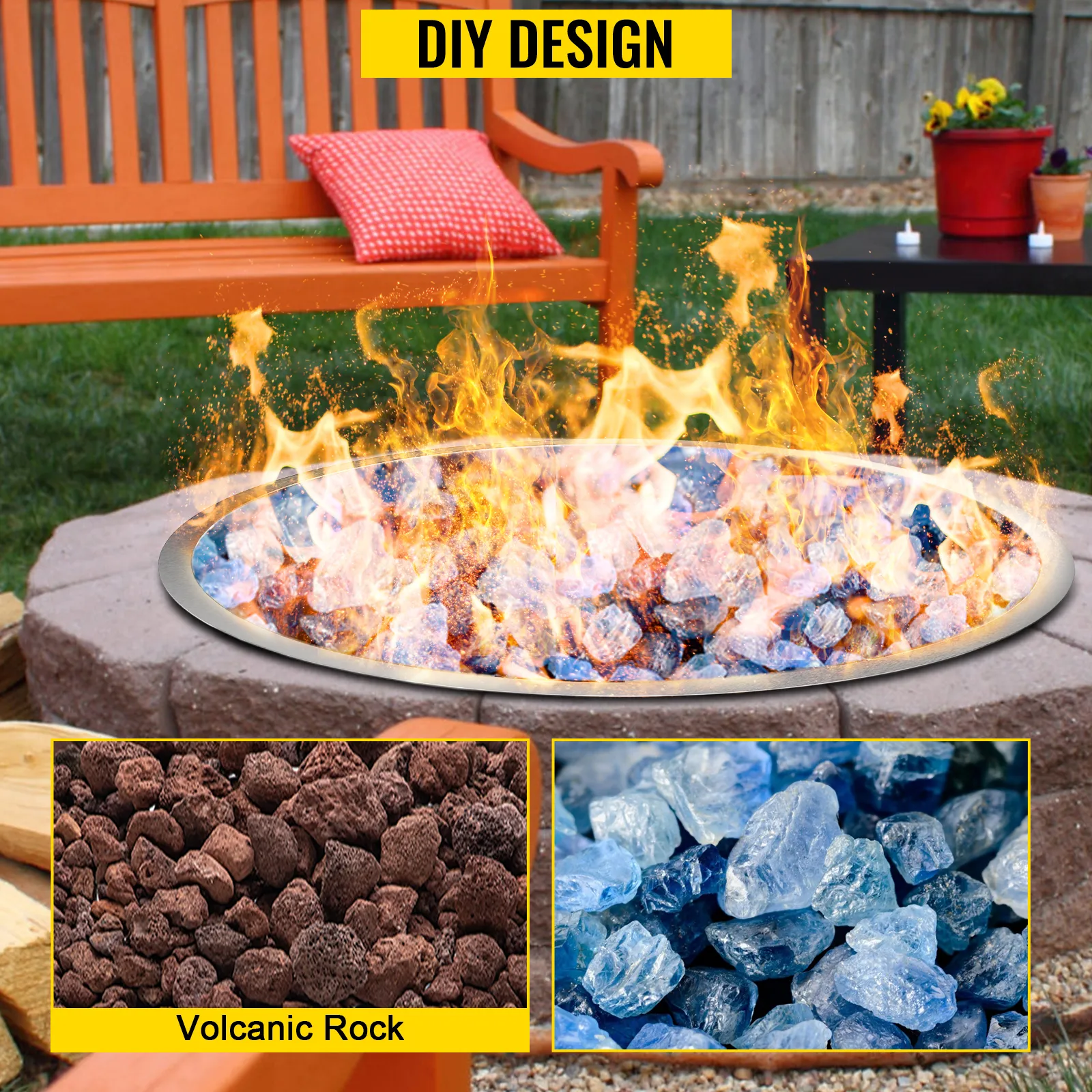 VEVOR fire pit pan with volcanic rock and blue glass stones in a backyard setting.