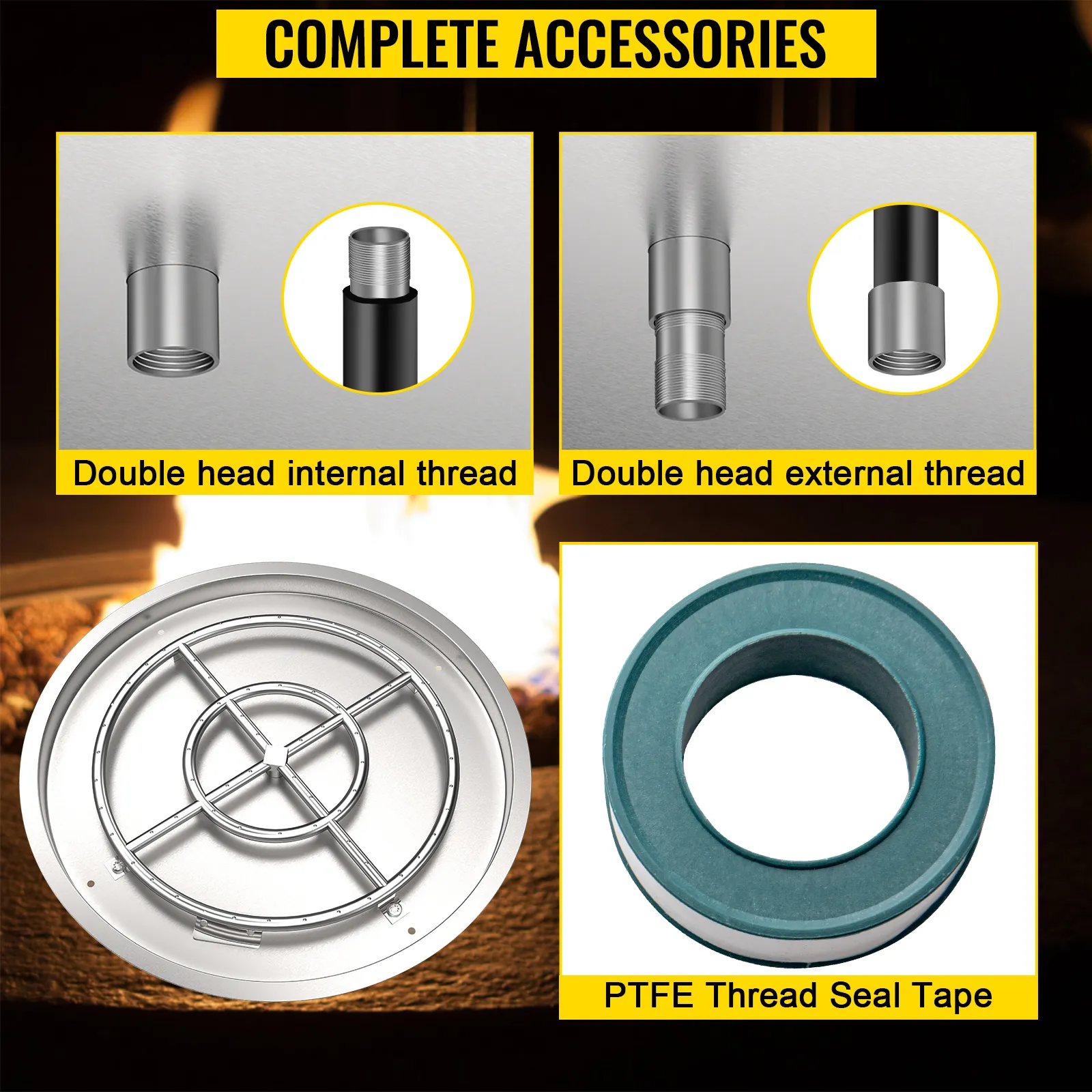 VEVOR fire pit pan accessories with internal/external thread connectors and ptfe tape.