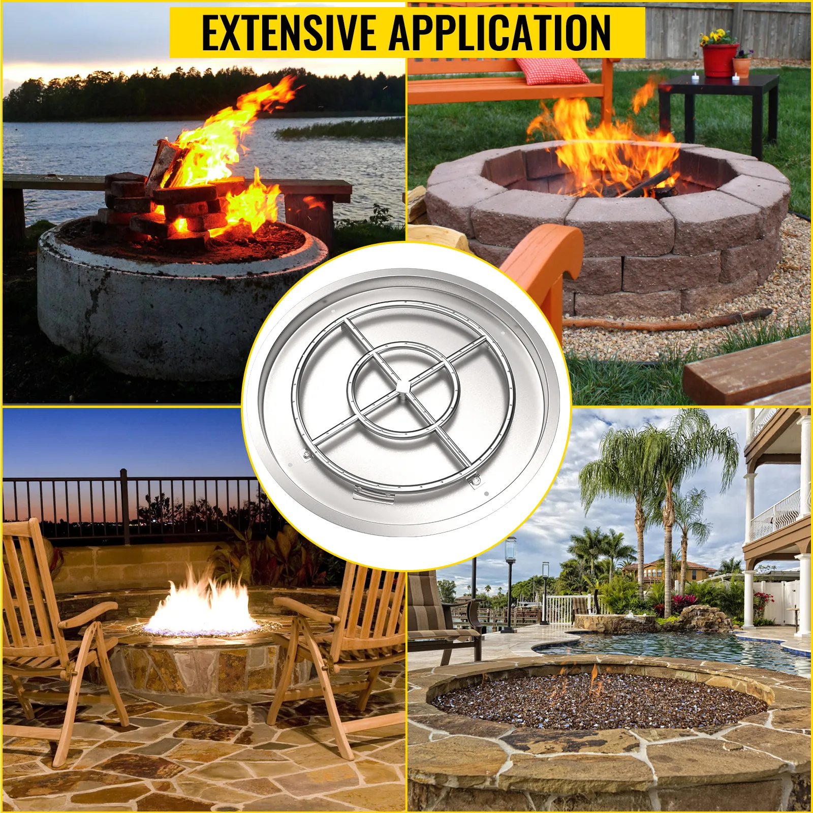 VEVOR fire pit pan for various outdoor settings, including stone fire pits and patios.