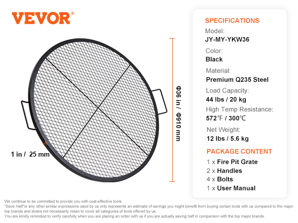VEVOR X-Marks Fire Pit Grill Grate, Round Cooking Grate