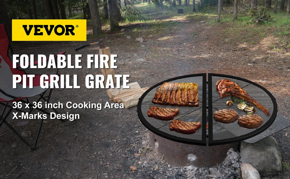 VEVOR fire pit cooking grill in a campsite with meats grilling on a foldable fire pit grill grate.