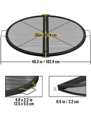 VEVOR fire pit cooking grill with dimensions: 40.3x36 inches, handle width 4.9x2.2 inches, thickness 0.9 inches.