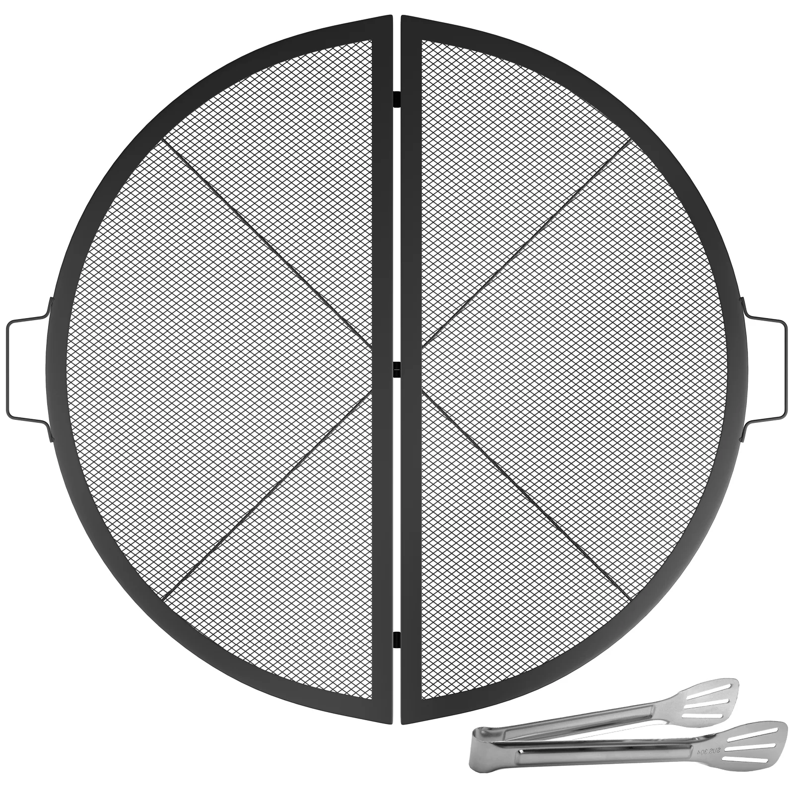 VEVOR fire pit cooking grill with foldable mesh grate and metal tongs.