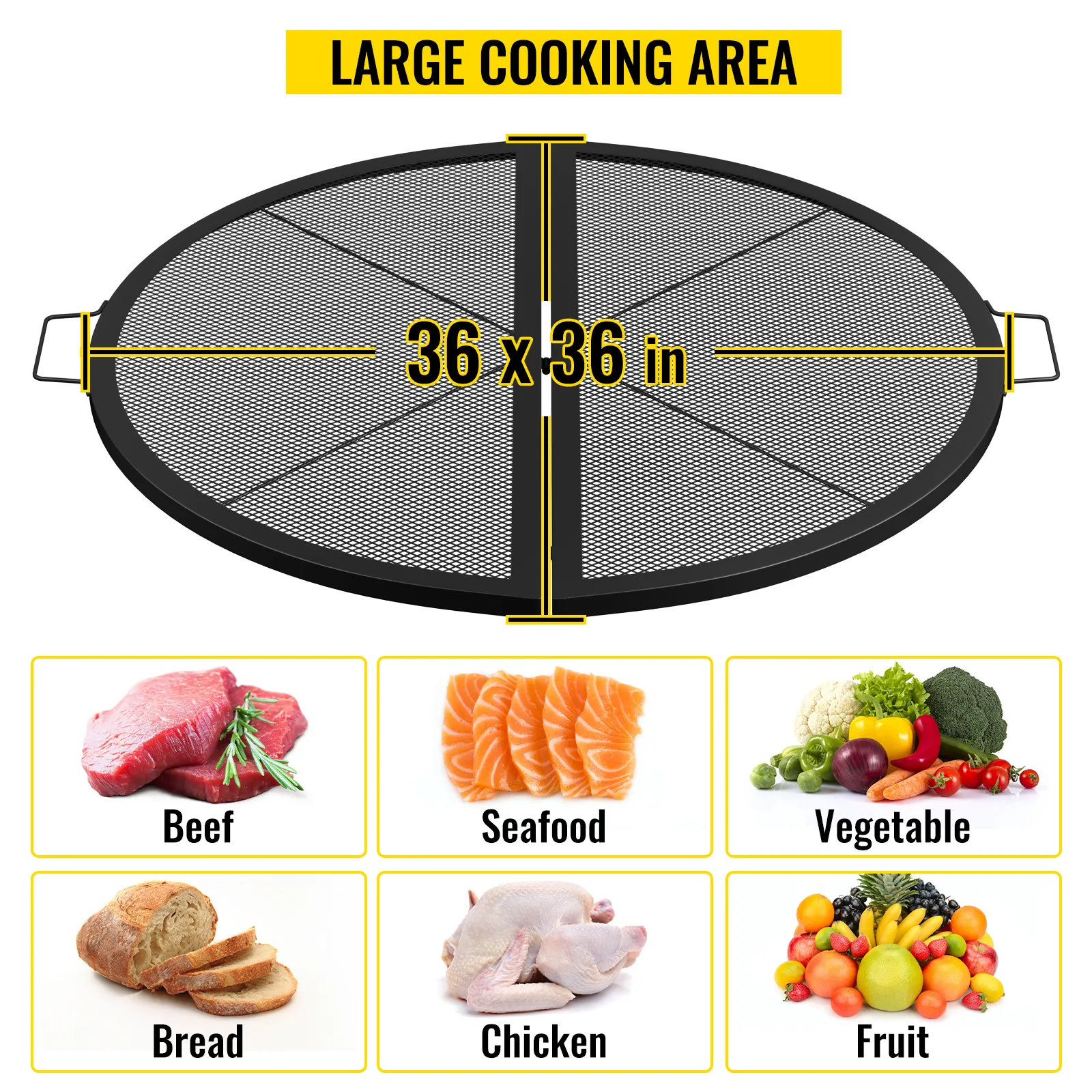 VEVOR 36x36 in large cooking area for beef, seafood, vegetable, bread, chicken, fruit.