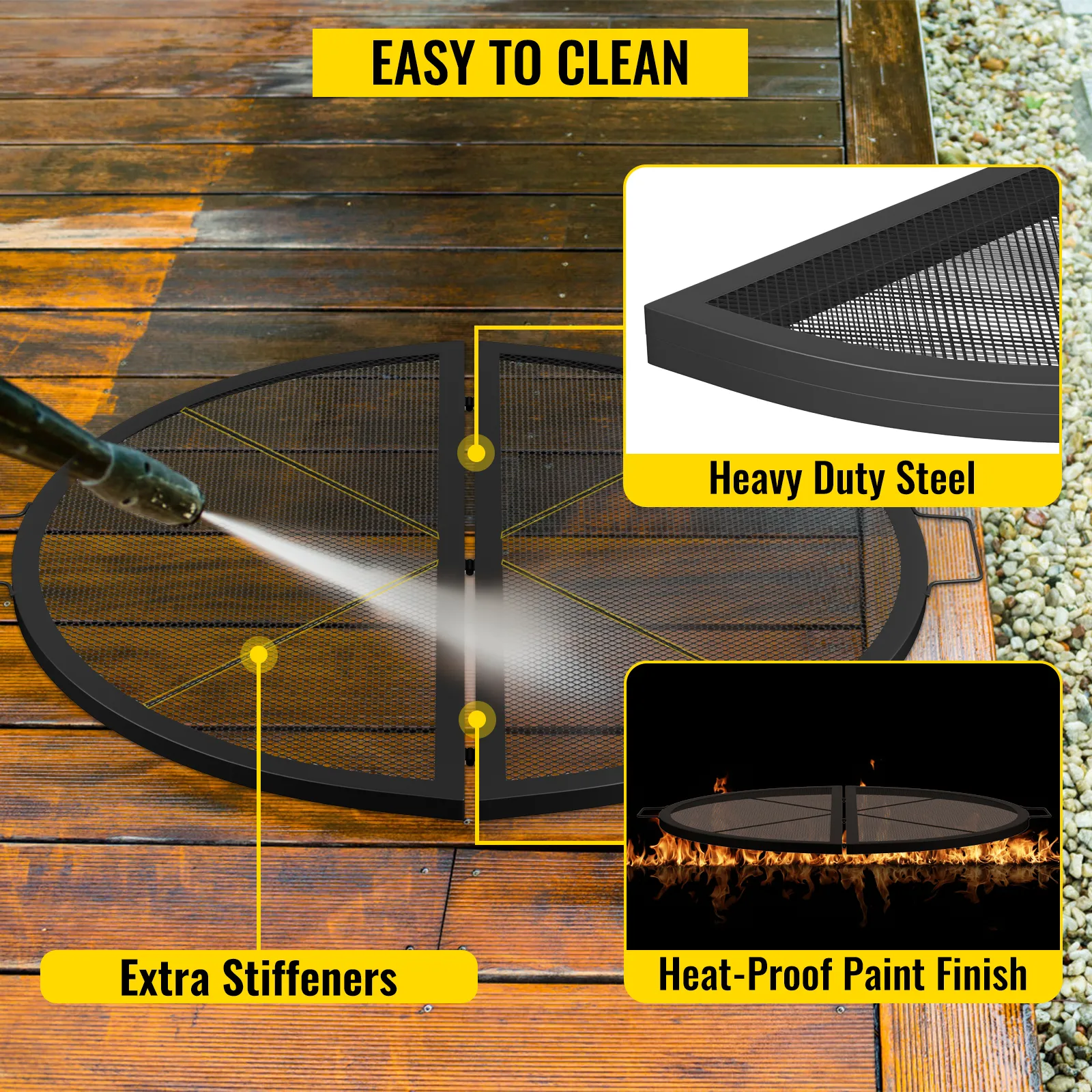 VEVOR fire pit cooking grill with heavy duty steel, heat-proof paint, and extra stiffeners, easy to clean.