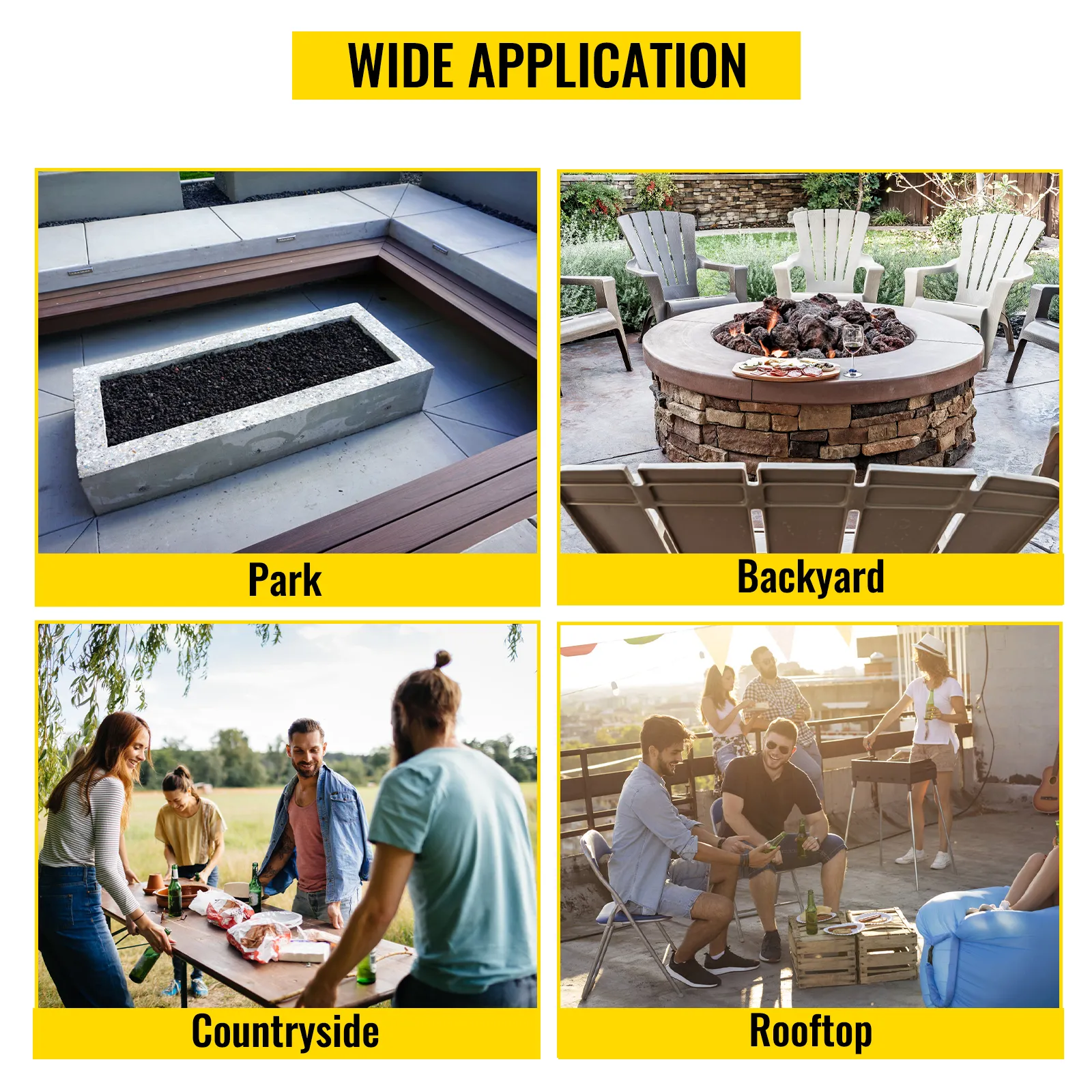 VEVOR fire pit cooking grill displayed in various settings: park, backyard, countryside, rooftop.