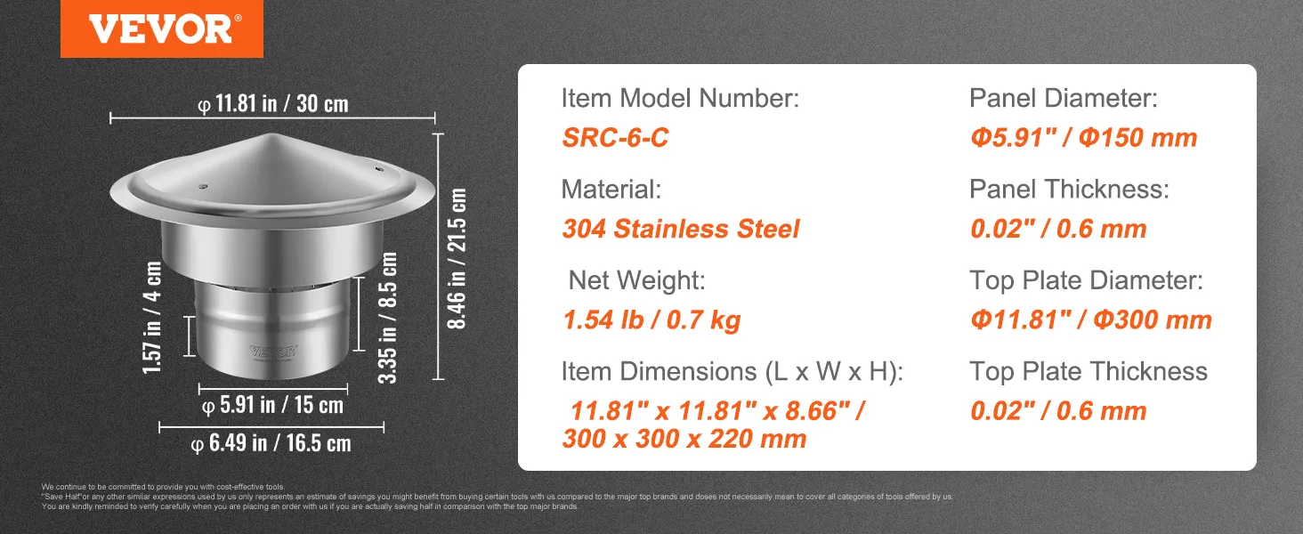 VEVOR chimney cap specifications made from 304 stainless steel with dimensions and weights listed.