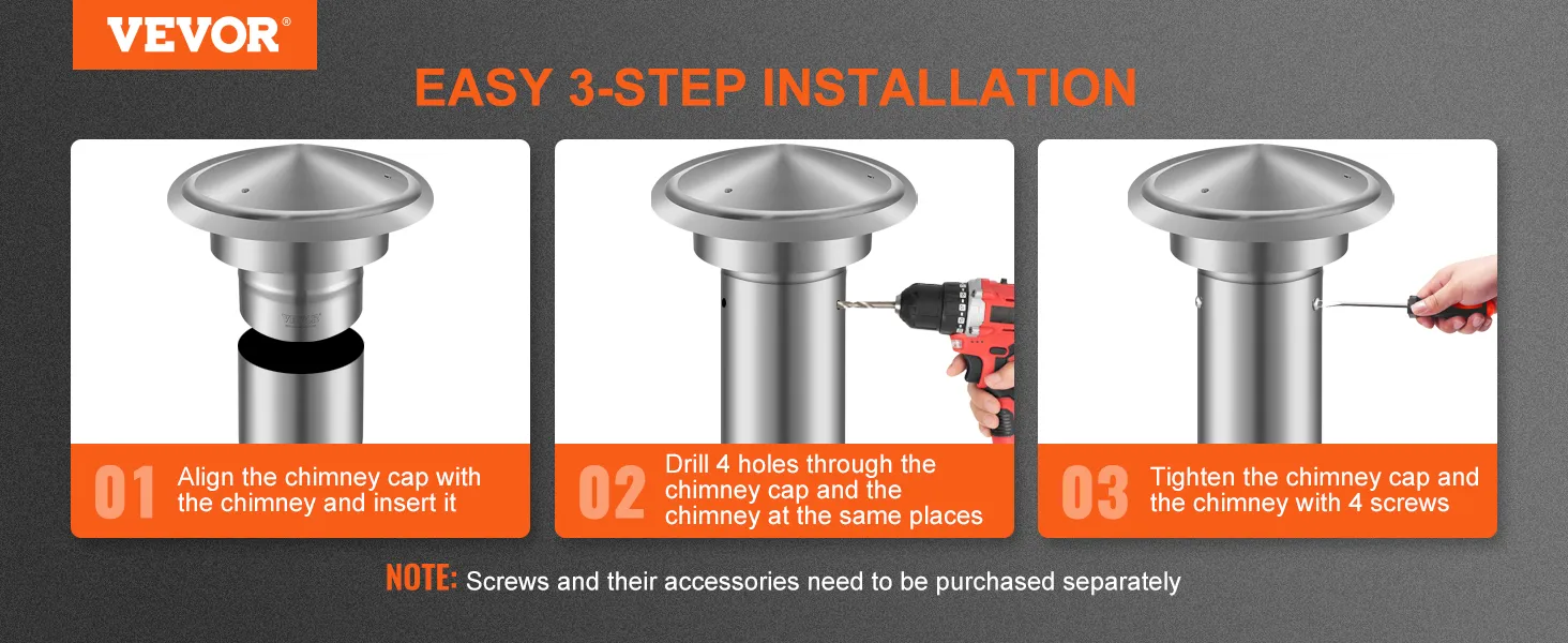 VEVOR chimney cap easy 3-step installation guide: align, drill holes, and tighten with screws.