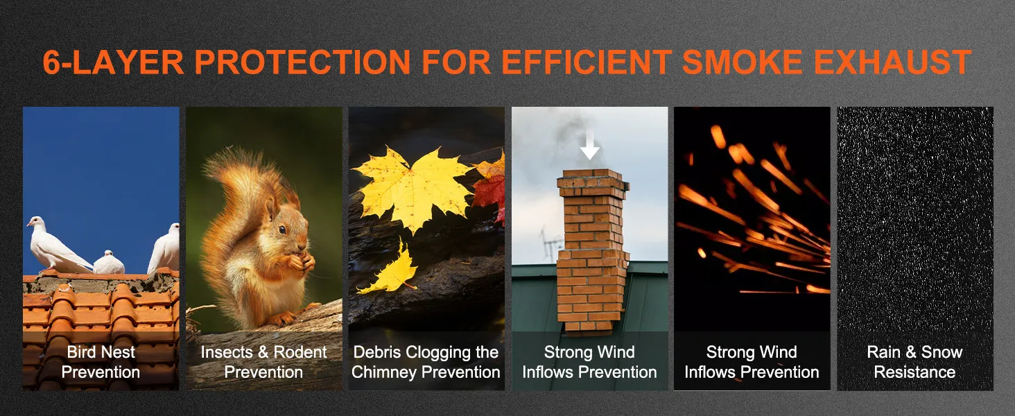 6-layer protection for VEVOR chimney cap including bird, insect, debris, wind, and weather prevention.
