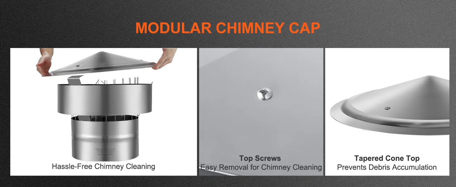 VEVOR chimney cap with hassle-free cleaning, easy top screw removal, and tapered cone top to prevent debris.
