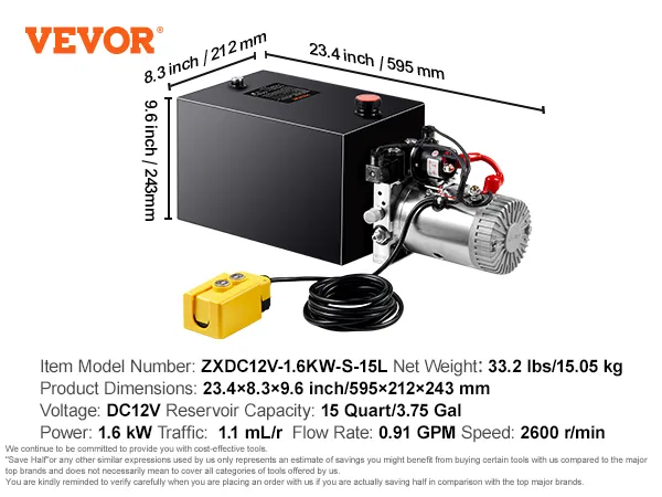 Specificaties hydraulische pomp VEVOR: zxdc12v-1.6kw-s-15l, 15 quart, dc12v, 33,2 lbs, afmetingen 23,4x8,3x9,6 inch.