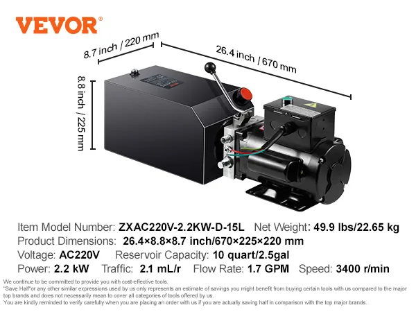 Specificaties hydraulische pomp VEVOR: model zxac220v, 26,4×8,8×8,7 inch, nettogewicht 49,9 lbs.