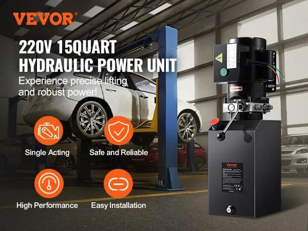 VEVOR hydraulische pomp 220v 15quart voor het optillen van auto's, met hoge prestaties en eenvoudige installatie.
