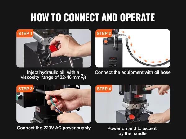 Stappen voor het aansluiten en bedienen van een VEVOR hydraulische pomp: olie injecteren, slang bevestigen, stroom aansluiten en omhoog.