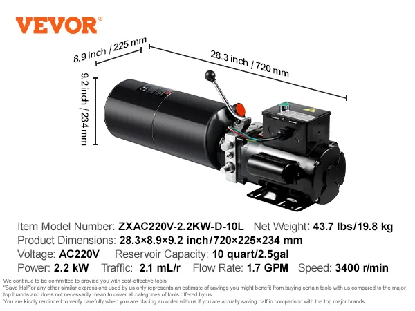 Specificaties hydraulische pomp VEVOR: 220 V wisselstroom, 43,7 lbs, capaciteit 10 liter, afmetingen 28,3 x 8,9 x 9,2 inch.
