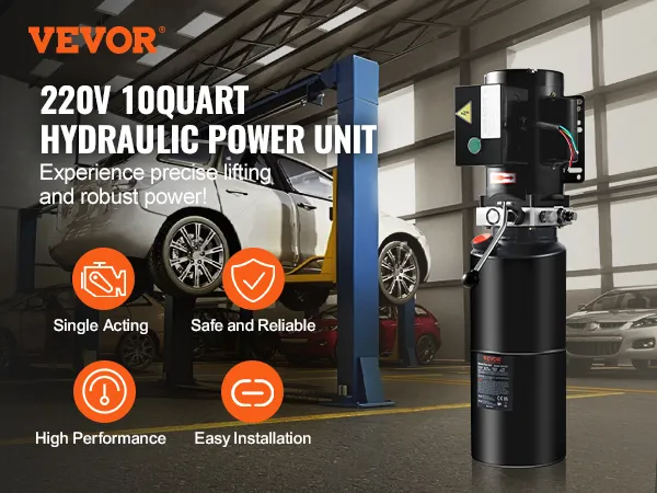 VEVOR hydraulische pomp met 220V 10-quart aandrijfeenheid voor het heffen van auto's. Enkelwerkend, betrouwbaar, eenvoudige installatie.