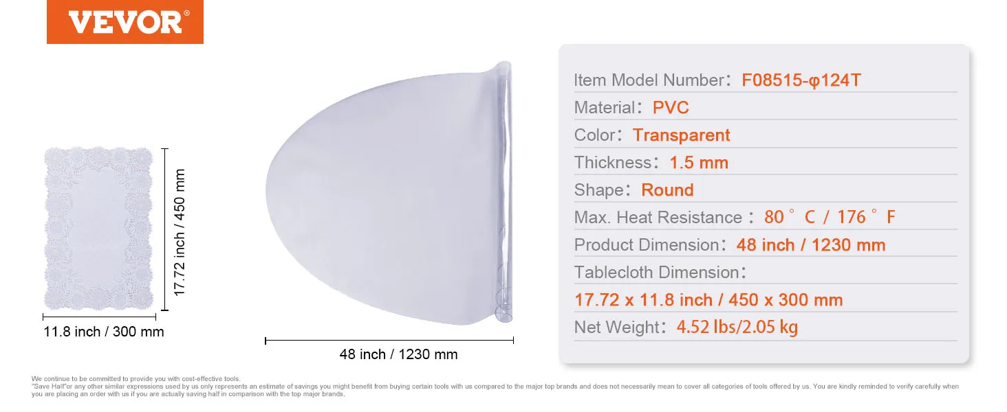 VEVOR table cover protector: transparent pvc, 1.5 mm thick, 48-inch round with 17.72x11.8 inch tablecloth.