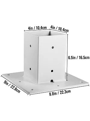 Medidas de la base de la publicación VEVOR en pulgadas y centímetros sobre un fondo blanco.
