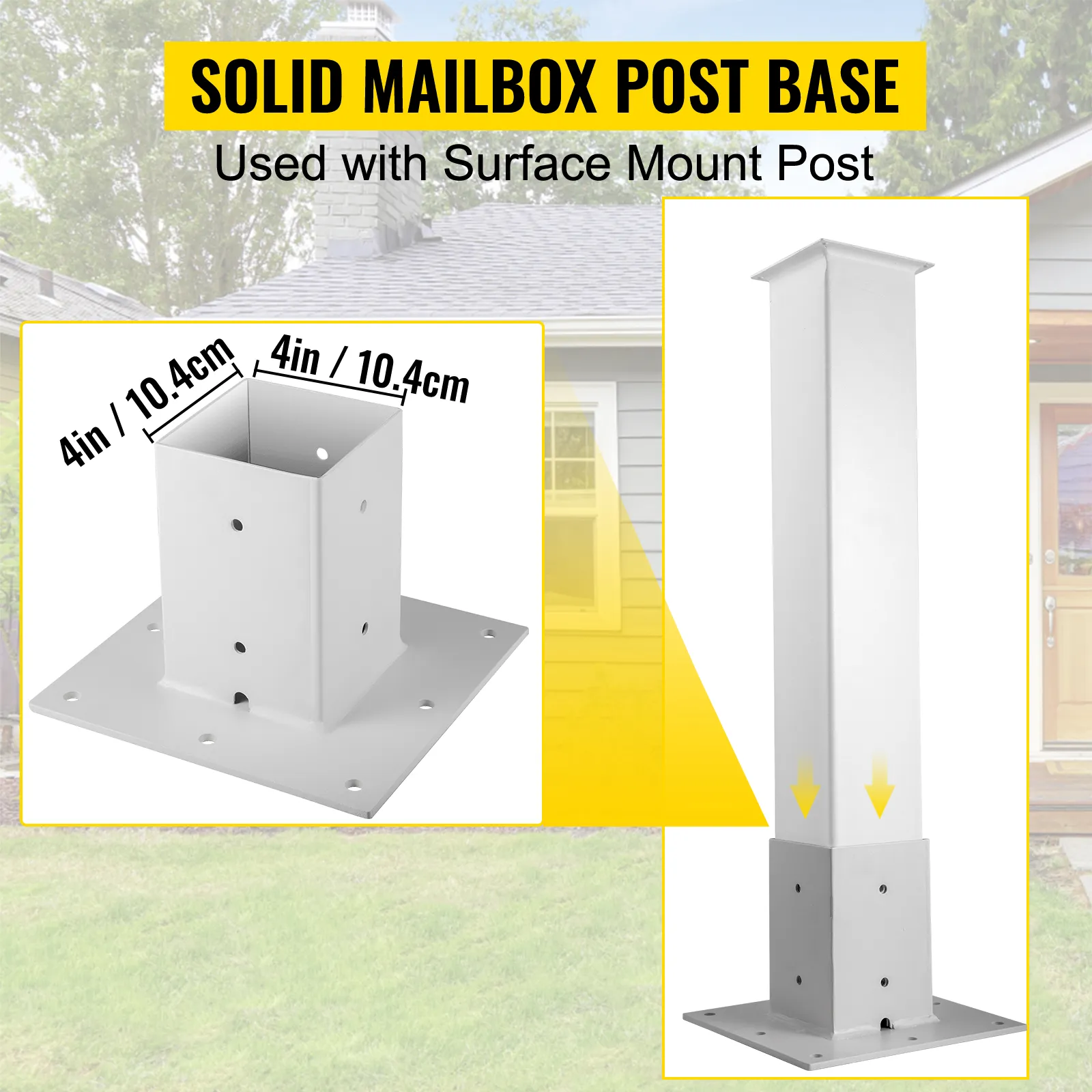 Base de poste VEVOR para poste de montaje en superficie con dimensiones de 4 pulgadas, que se muestra frente a una casa.