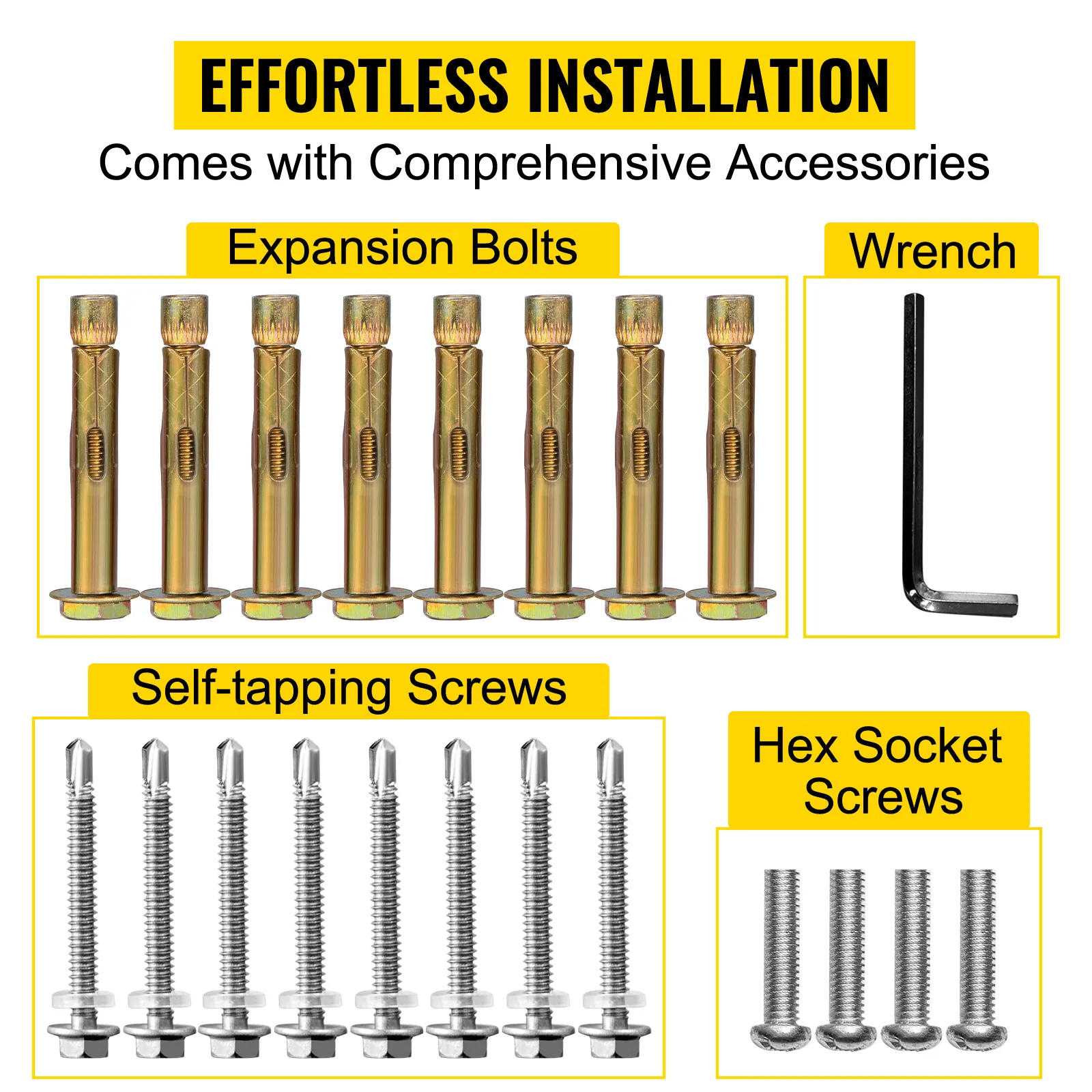 Accesorios de instalación sin esfuerzo: pernos de expansión, llave, tornillos autorroscantes, tornillos de cabeza hexagonal.