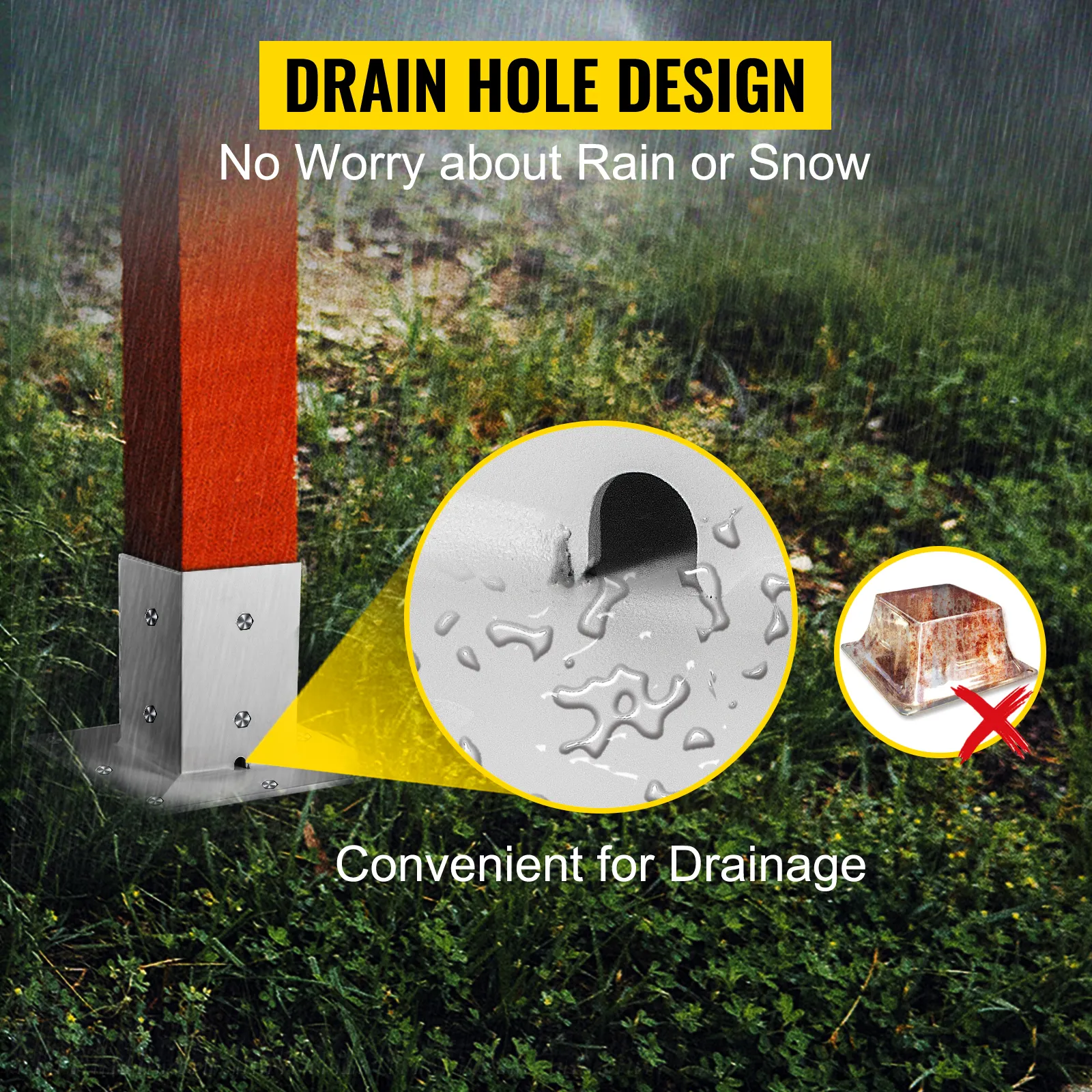 Base de poste VEVOR con diseño de orificio de drenaje para protección contra la lluvia y la nieve.