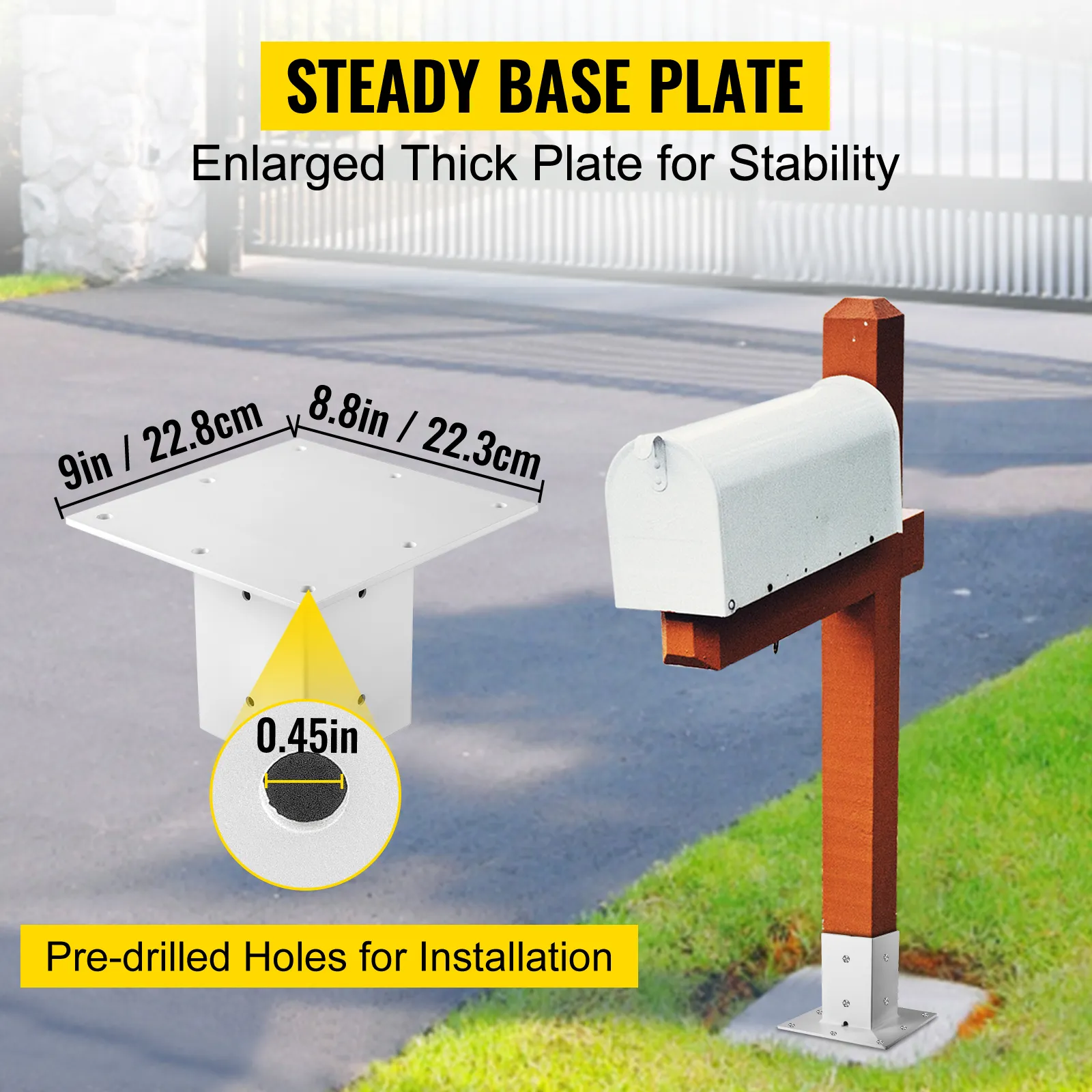 Base de poste VEVOR con medidas e ilustración de instalación del buzón.