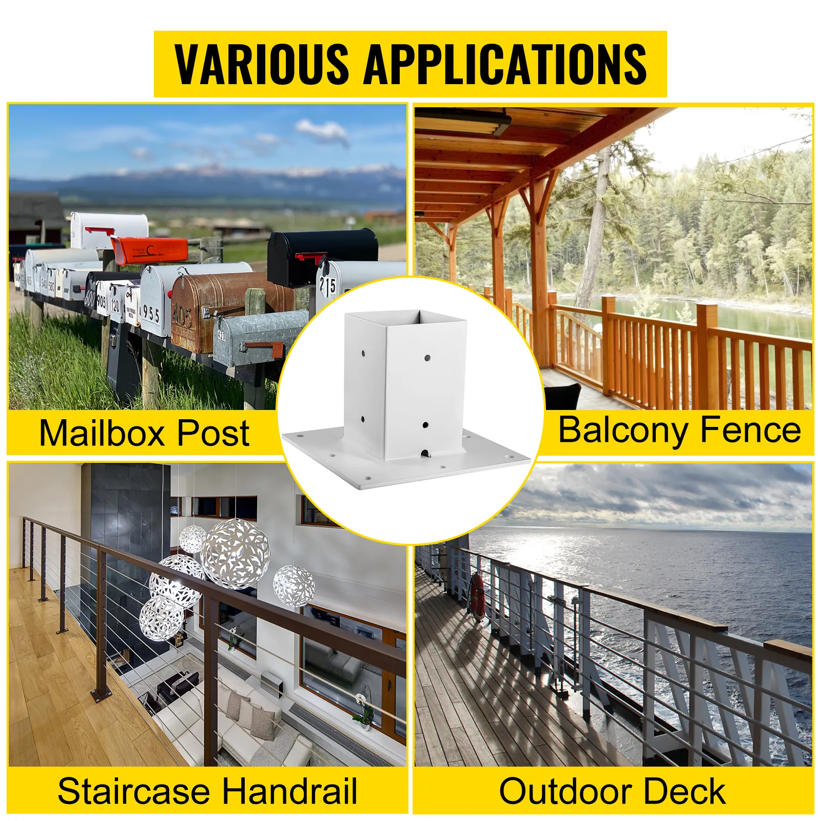 Usos de la base de poste VEVOR: poste de buzón, cerca de balcón, pasamanos de escalera, terraza al aire libre.