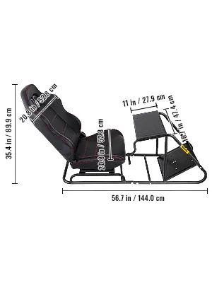 Soporte para volante de carreras VEVOR con asiento, dimensiones detalladas en pulgadas y centímetros.