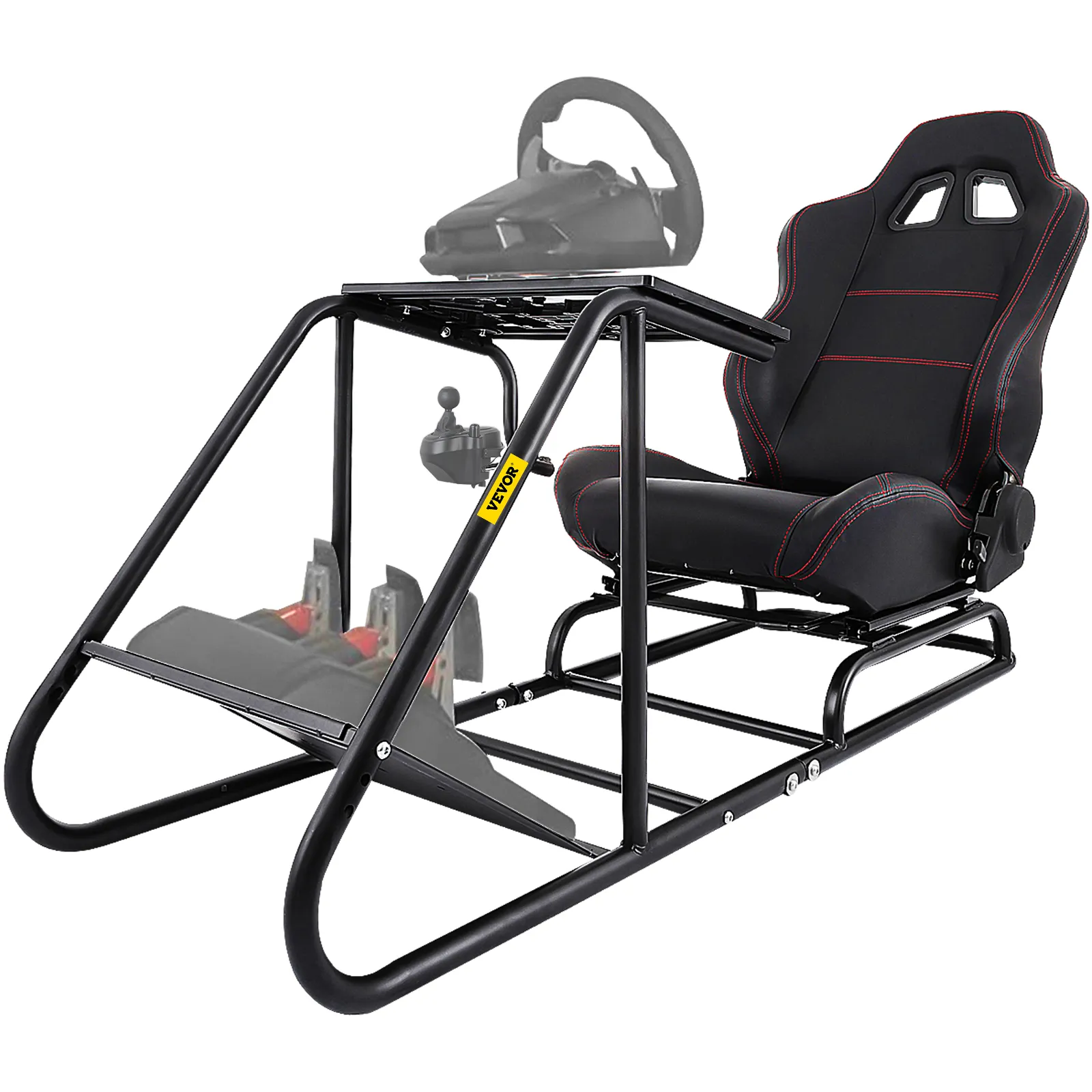 Soporte para volante de carreras VEVOR con asiento ajustable y soporte para pedales, en negro y rojo.