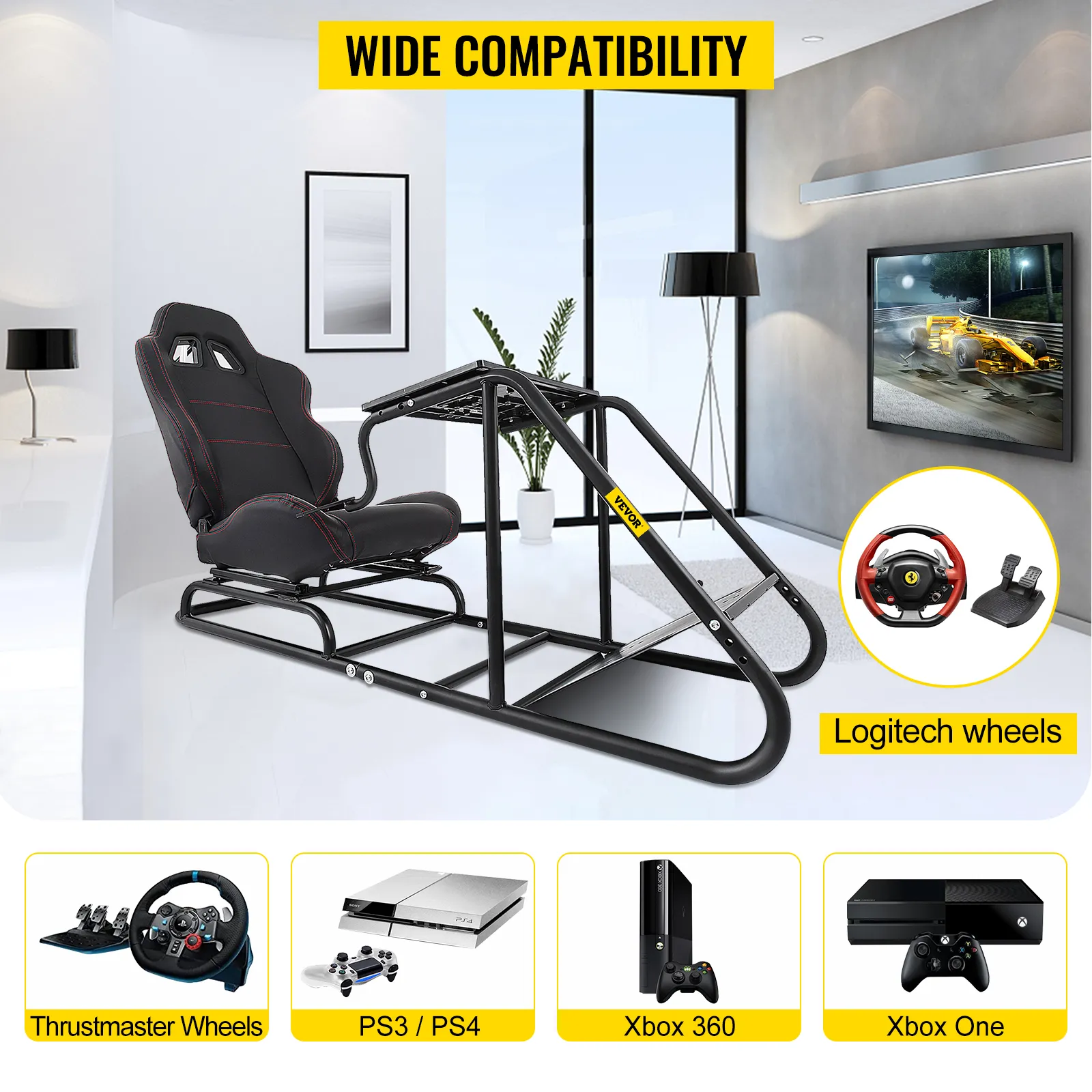 Soporte para volante de carreras VEVOR en una habitación moderna con silla de juego, amplia compatibilidad.