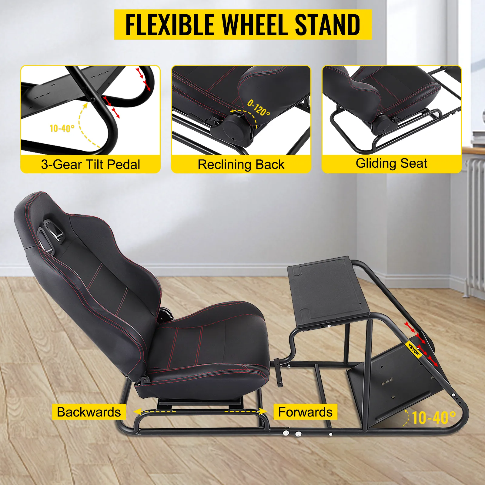 Soporte para volante de carreras VEVOR con pedal de inclinación de 3 velocidades, respaldo reclinable y asiento deslizante.