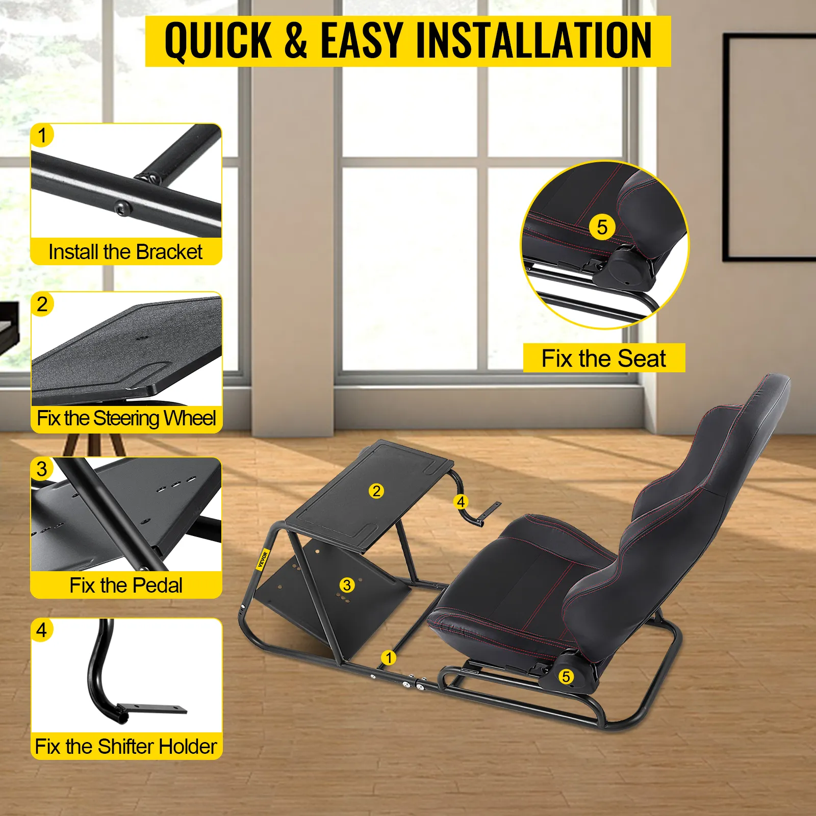 Pasos de montaje del soporte del volante de carreras VEVOR con asiento, pedal, volante y soporte de palanca de cambios.
