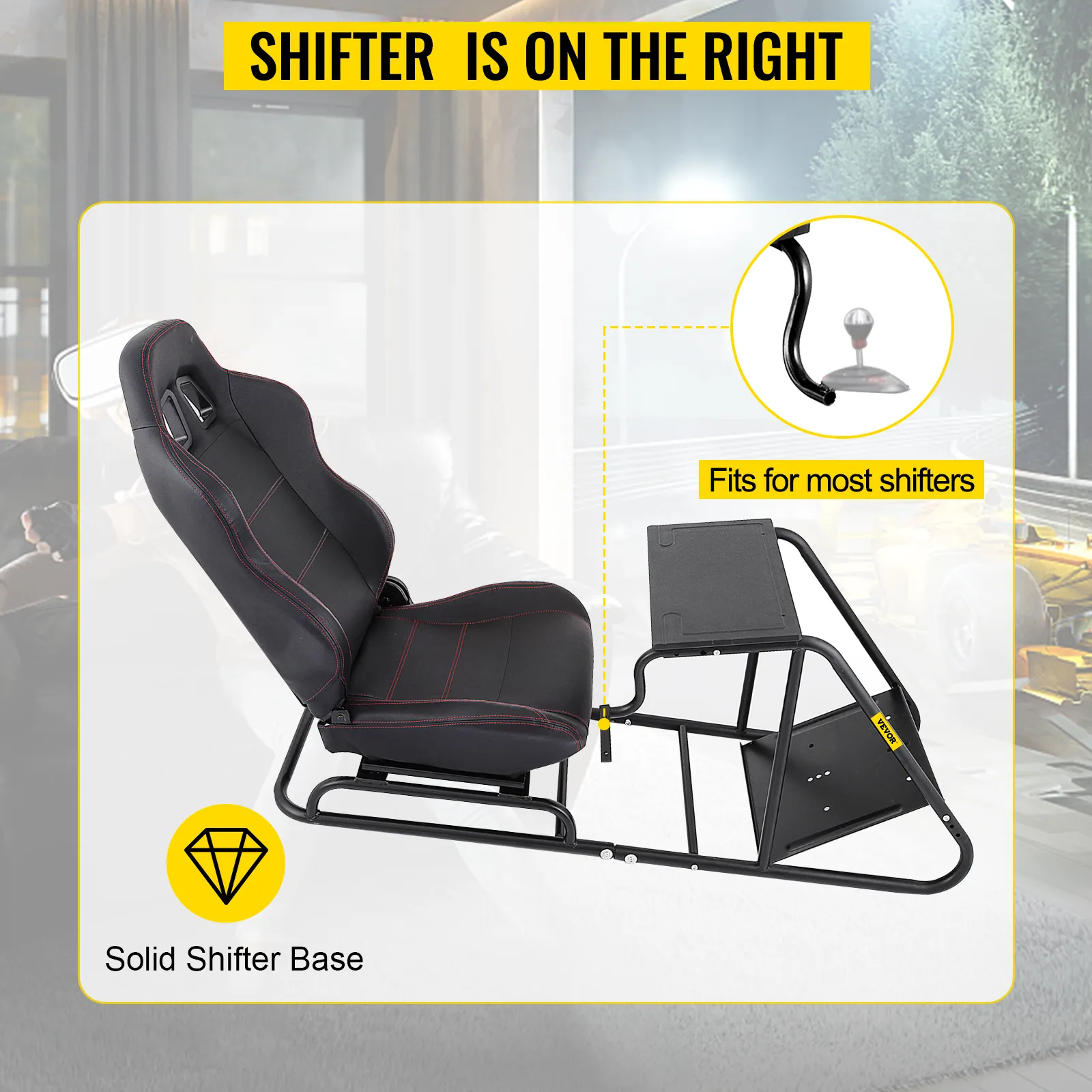 El soporte para volante de carreras VEVOR con base de cambio sólida se adapta a la mayoría de las palancas de cambio, palanca de cambios a la derecha.