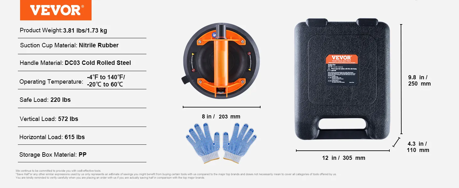 VEVOR glass suction cup with nitrile rubber, cold-rolled steel handle, storage box, and gloves in scaled setup.