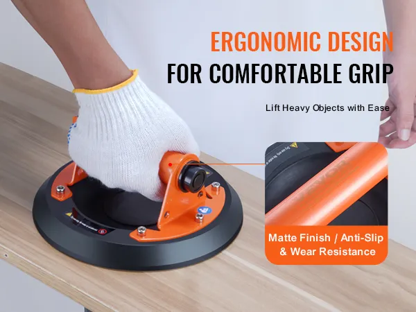 person using VEVOR glass suction cup to lift a wooden board, showcasing ergonomic design and a matte finish.