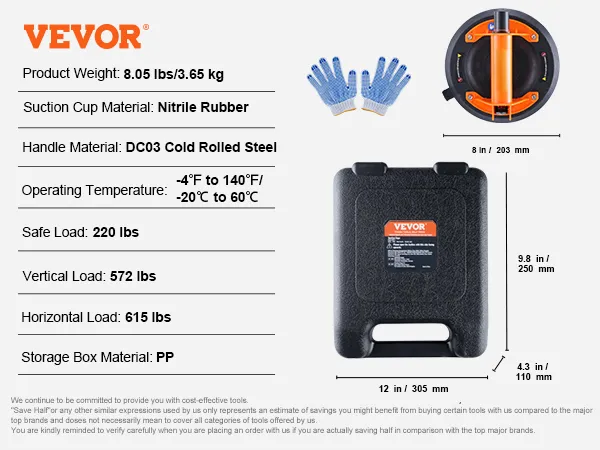 VEVOR glass suction cup with dc03 steel handle, nitrile rubber, 8.05 lbs, in a black 12x9.8 inch case.