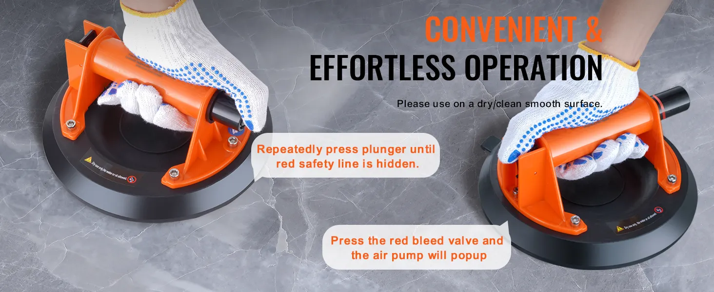 orange VEVOR glass suction cup with effortless operation instructions on smooth marble tile background.