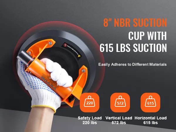 VEVOR glass suction cup with 615 lbs suction, usable from -20°c to 60°c, shown held by gloved hand.
