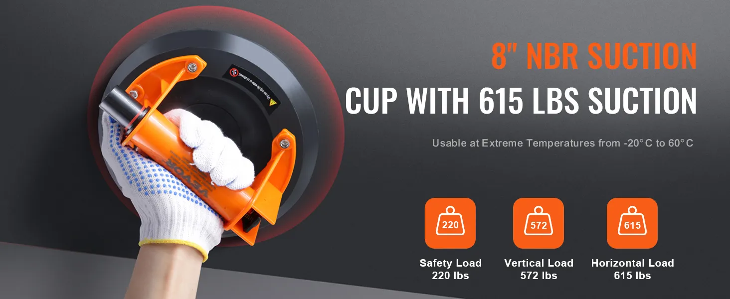 VEVOR glass suction cup with 615 lbs suction, usable from -20°c to 60°c, shown held by gloved hand.