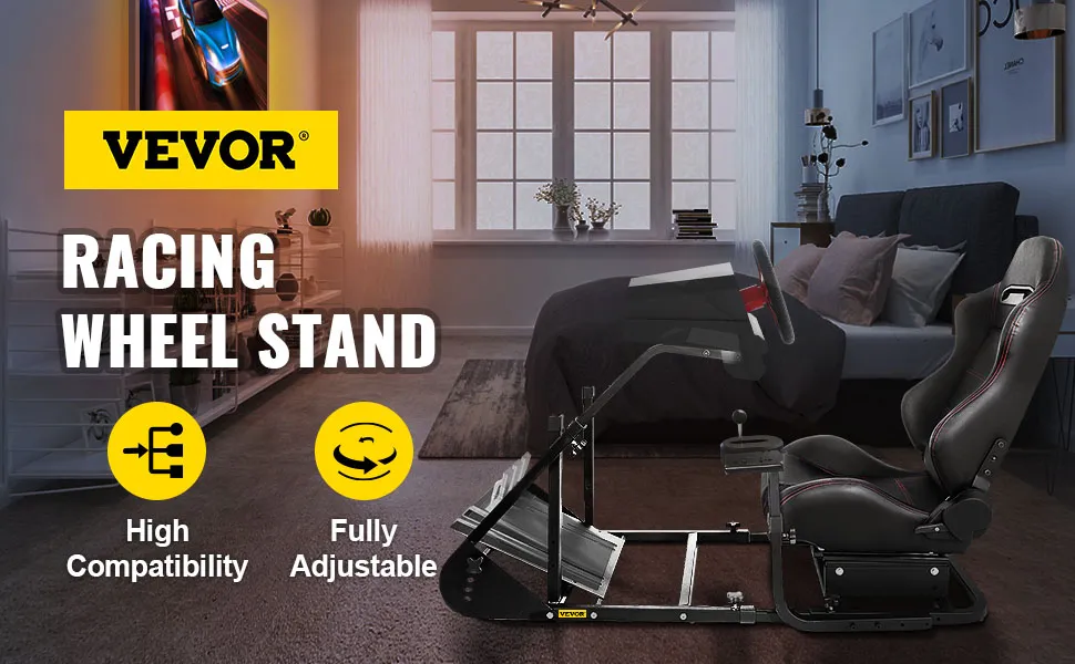 Simulador de carreras VEVOR en una configuración de sala moderna con alta compatibilidad y totalmente ajustable.