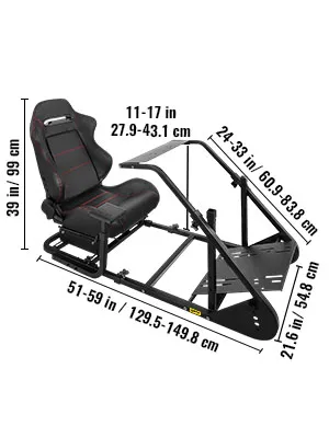 Simulador de carreras VEVOR con asiento y dimensiones de cuadro ajustables.