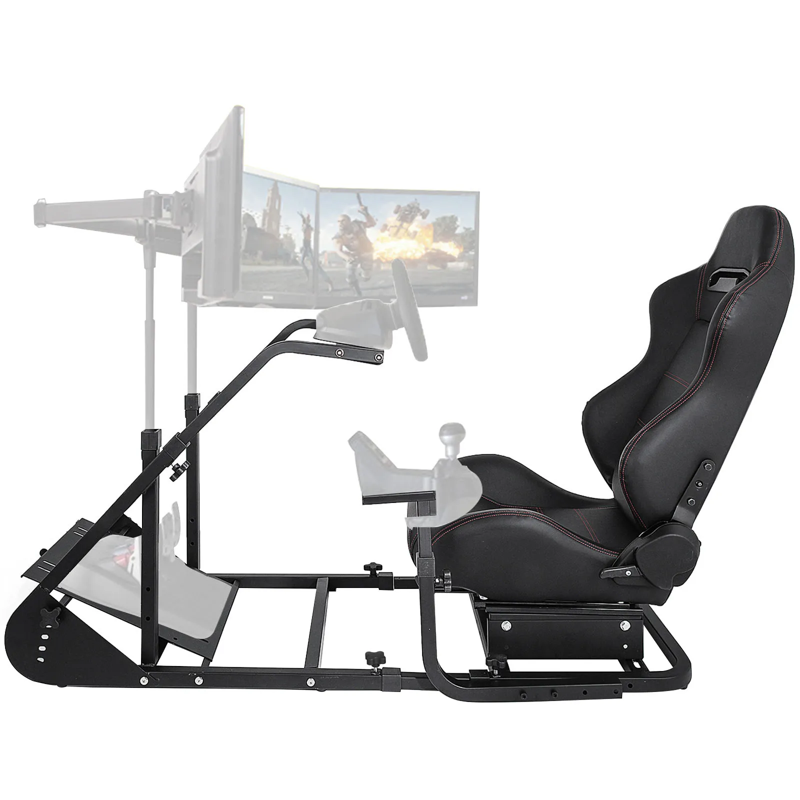 Marco y asiento ergonómicos negros del simulador de carreras VEVOR con configuración de dirección.