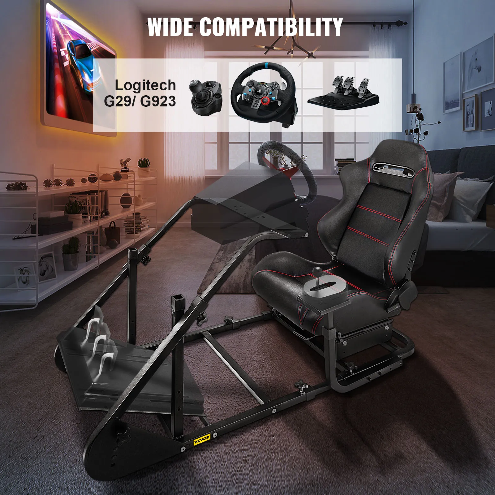 Configuración de simulador de carreras VEVOR con volante y pedales en una sala de estar moderna.
