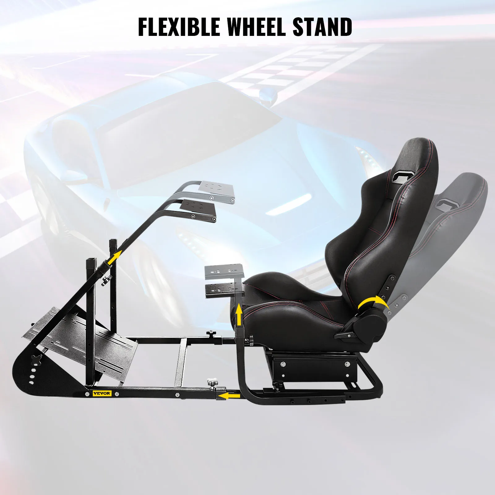Simulador de carreras VEVOR con soporte de volante flexible y asiento ergonómico sobre un fondo de pista de carreras.