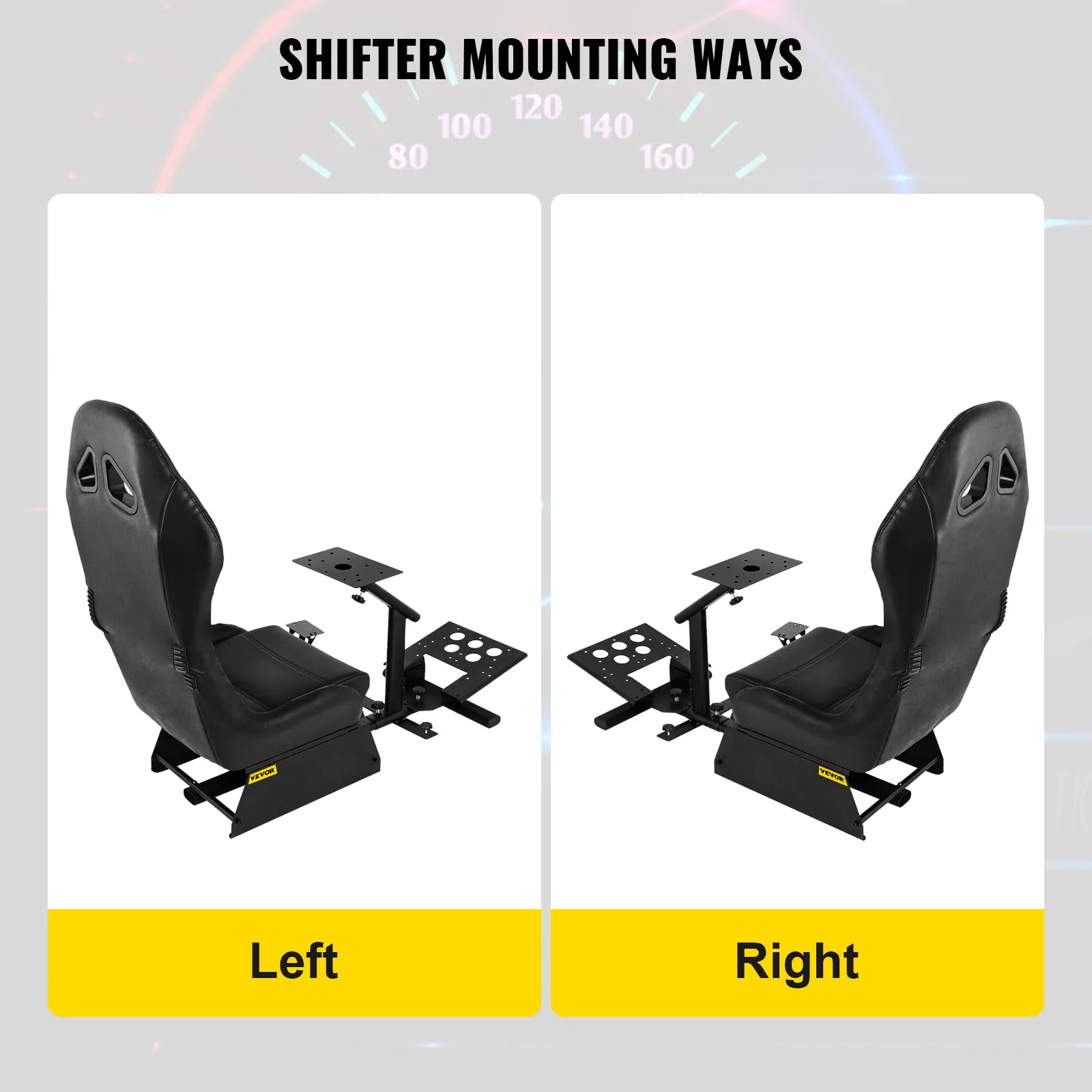 Asiento de simulador de carreras VEVOR con opciones de montaje de palanca de cambios: izquierdo y derecho.