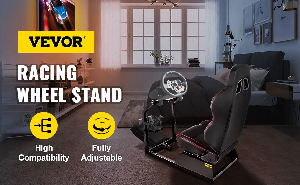 Simulador de carreras VEVOR ubicado en un dormitorio moderno, destacando la compatibilidad y la capacidad de ajuste.