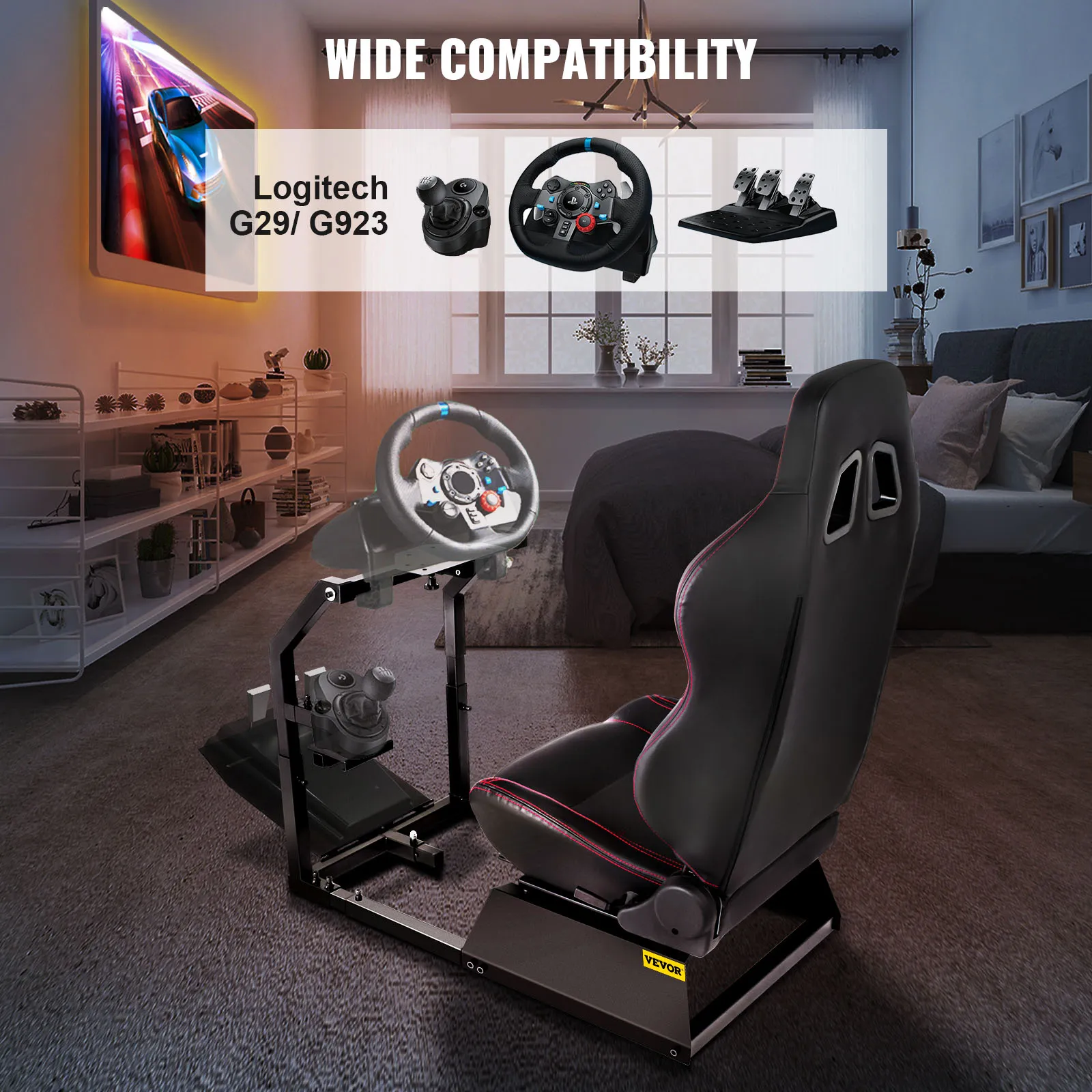 Simulador de carreras VEVOR configurado en una sala moderna, compatible con Logitech g29/g923.