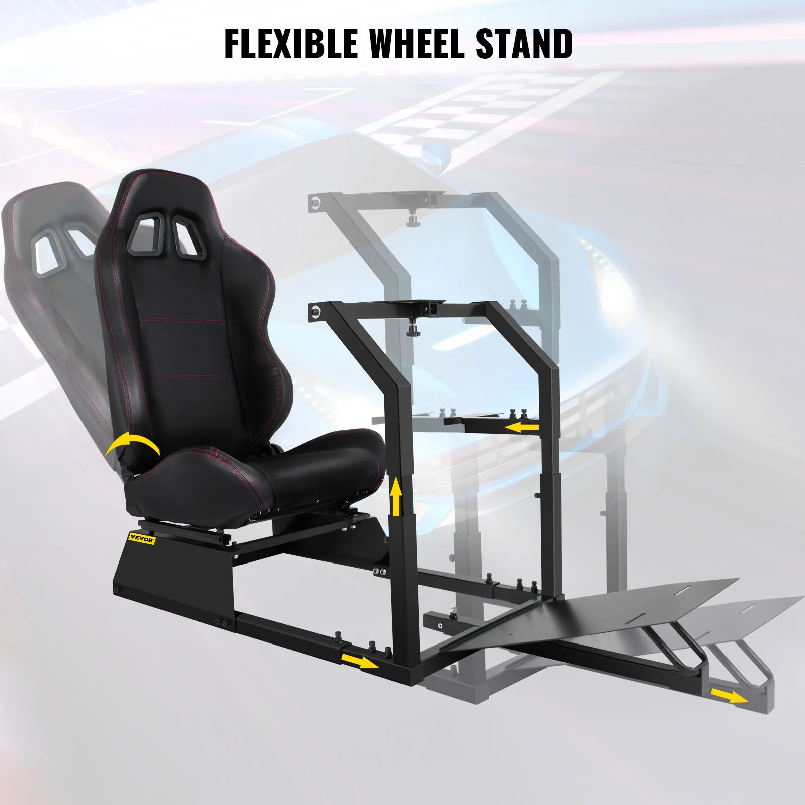 Simulador de carreras VEVOR con asiento negro flexible y ajustable y soporte de volante sobre un fondo de automóvil.
