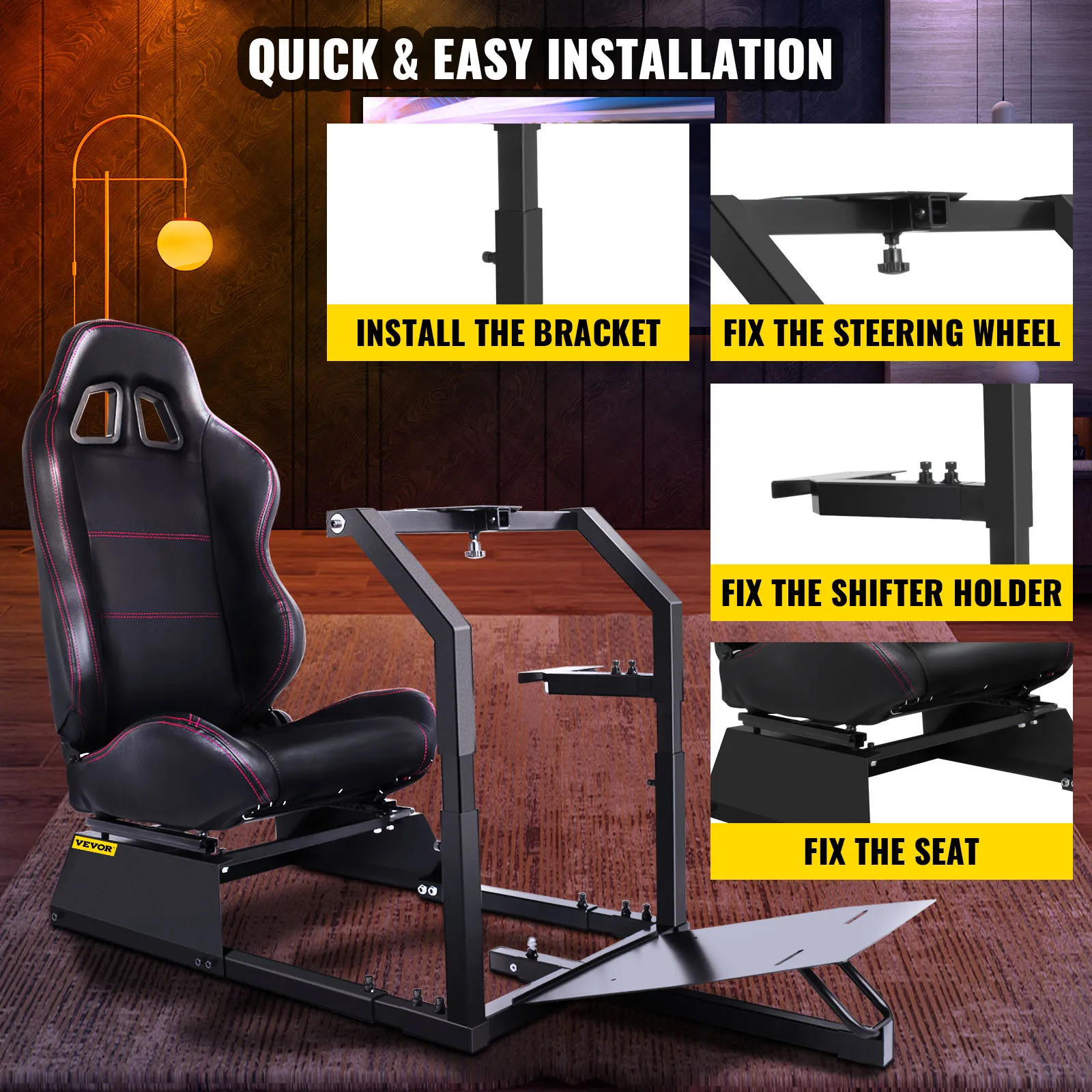 Guía de montaje del simulador de carreras VEVOR con instalación del asiento y soporte del volante.